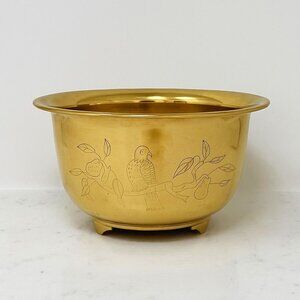 Vintage Etched Brass Bowl Birds Footed Dual-Sided Planter 60s Decor MCM 8"T 5"D